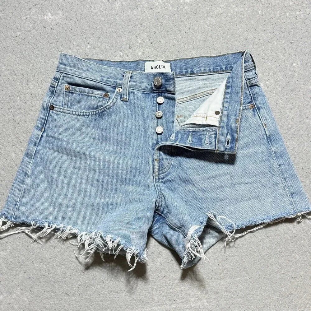 AGOLDE Parker Long High Rise Distressed Cut Off Denim Shorts Blue Women’s 27
